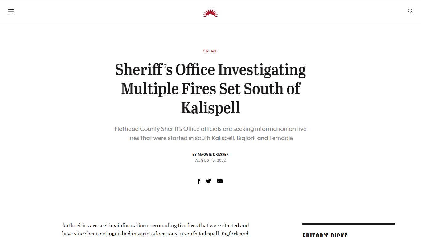 Sheriff’s Office Investigating Multiple Fires Set South of Kalispell